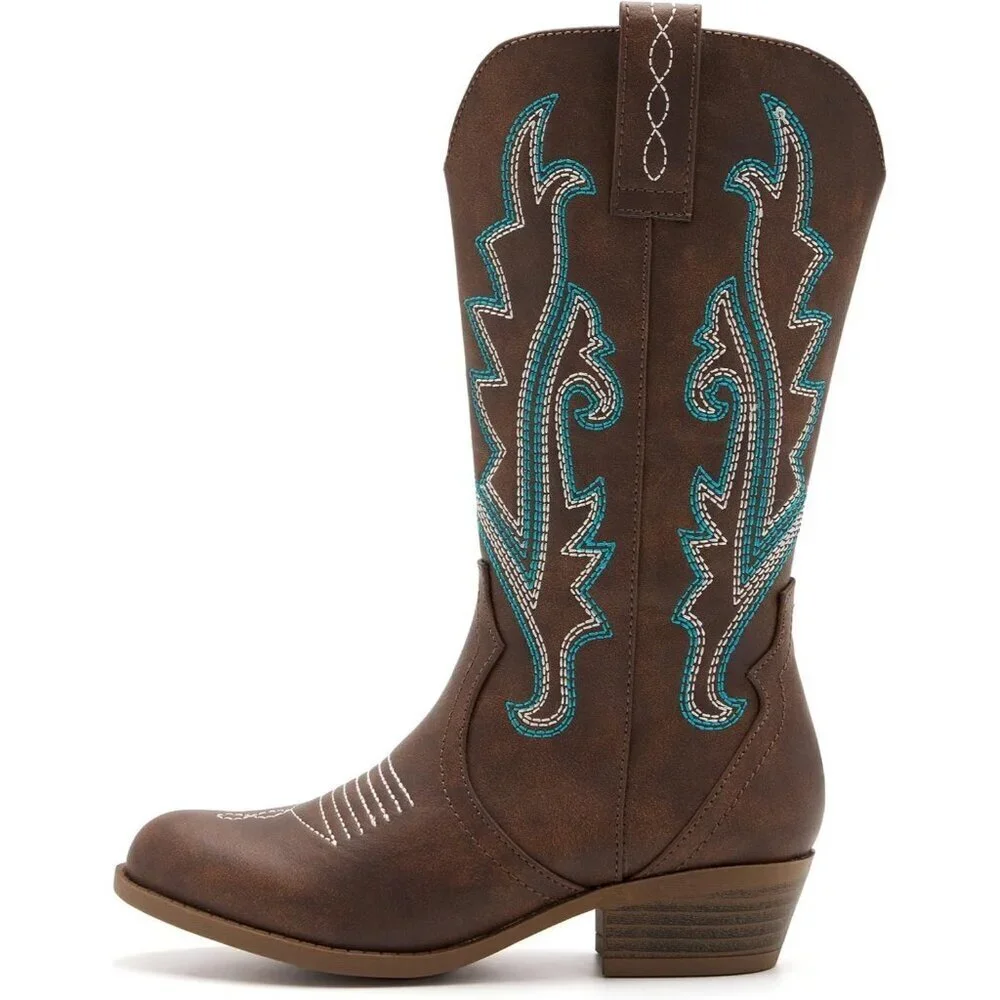 Girls Kids Western Embroidered Cowgirl Boots Girls Mid Calf Riding Shoes